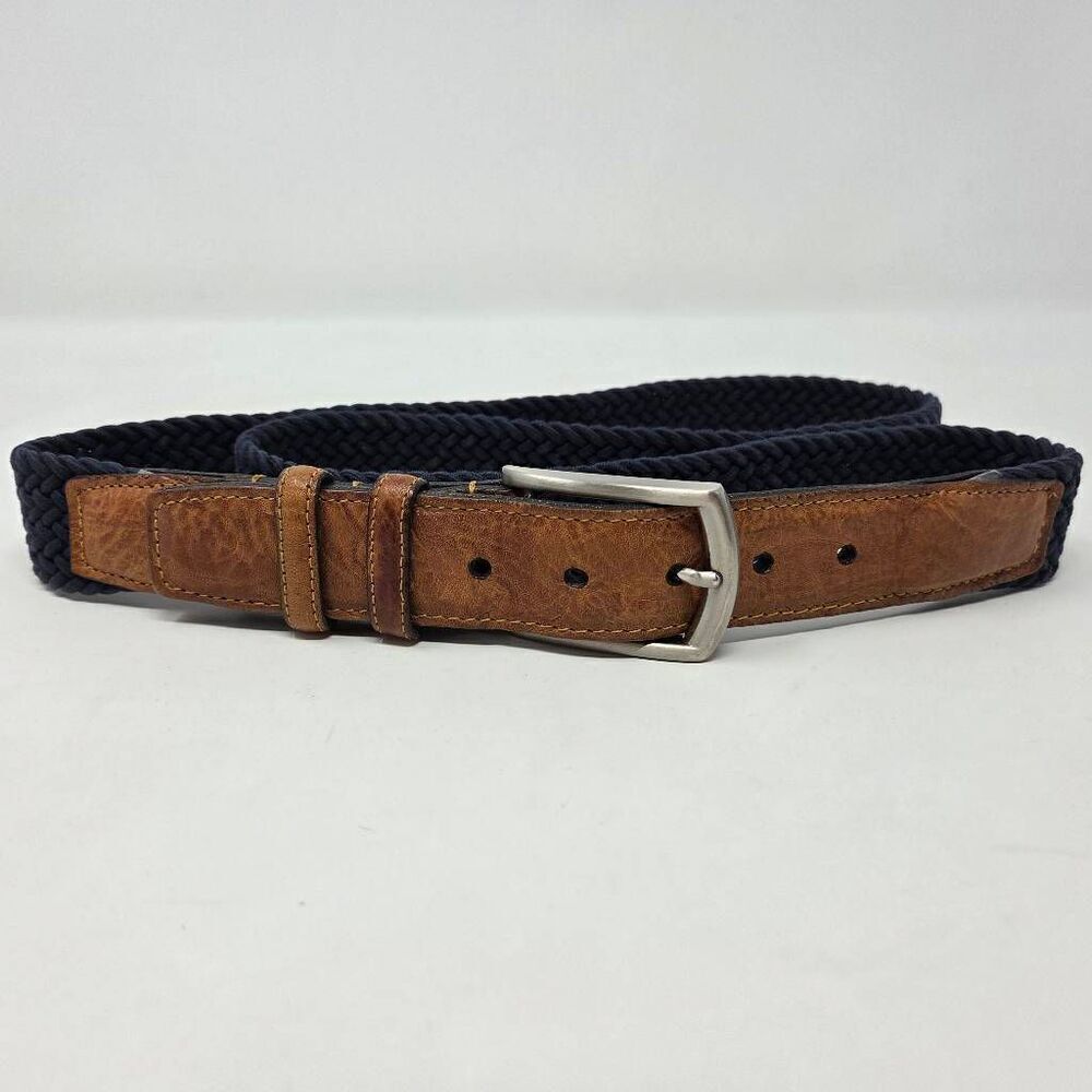 TORINO BROWN LEATHER NAVY BLUE COTTON WOVEN SILVER BUCKLE MENS BELT SIZE 44